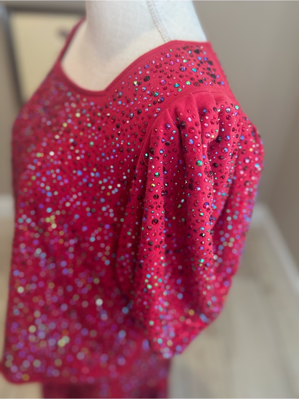 QUEEN OF SPARKLES Red Full Rhinestone Puff-Sleeve Skirt Set - Picture 10 of 12